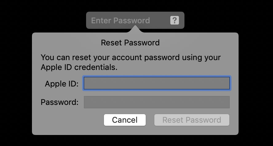 enter the Apple id to reset admin password on mac