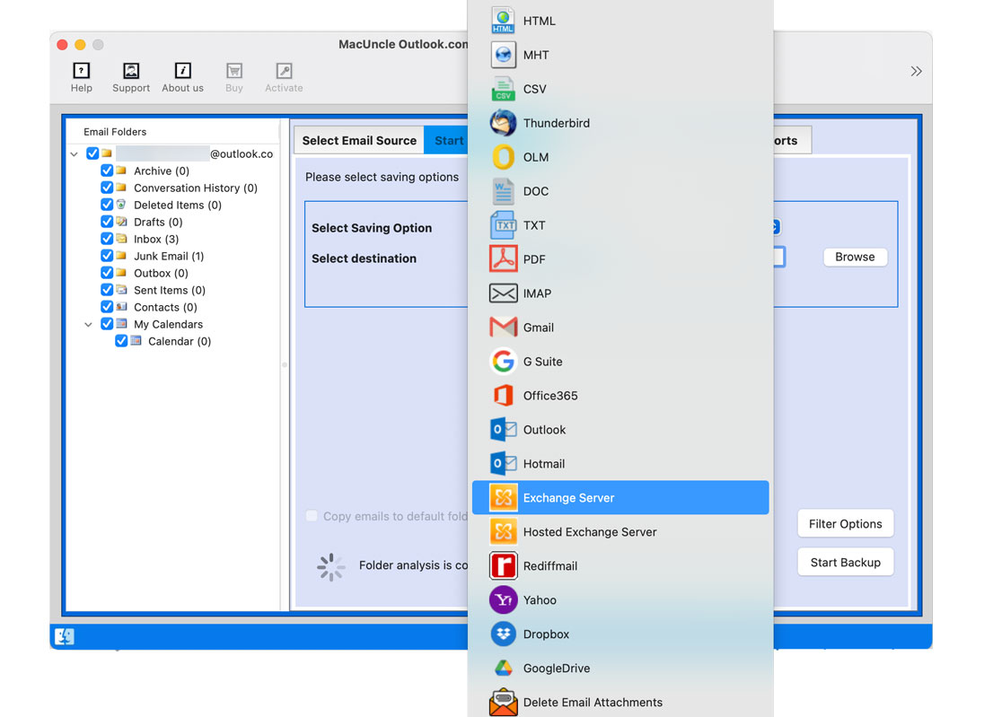 select any format to backup outlook emails from browser