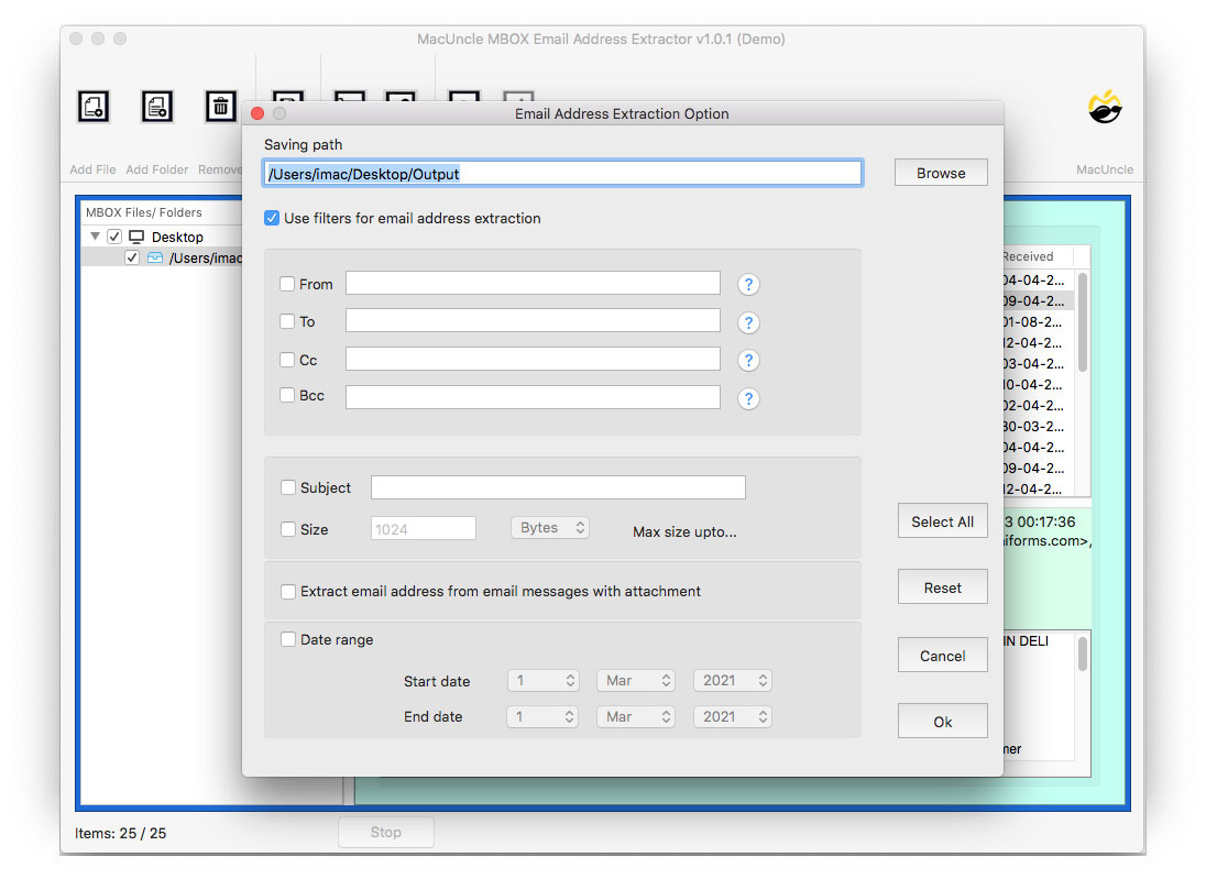 extract all email addresses from thunderbird selectively