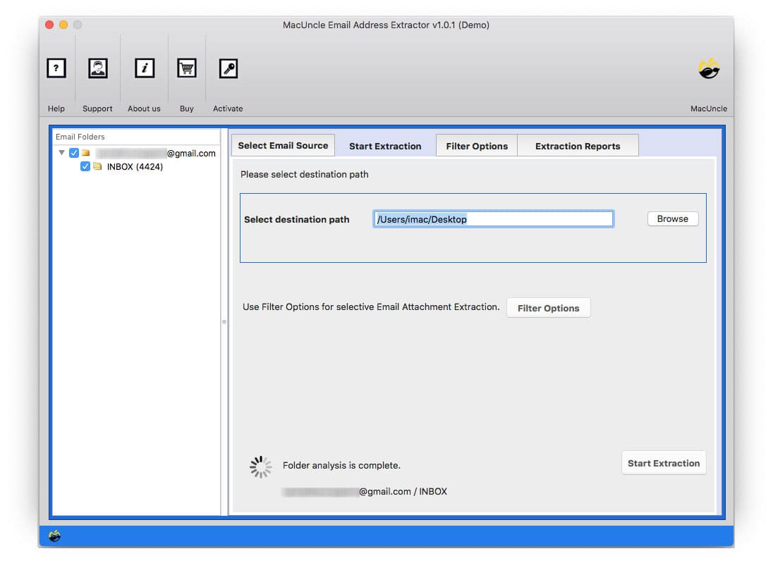 choose folder to extract email address from Gmail inbox messages
