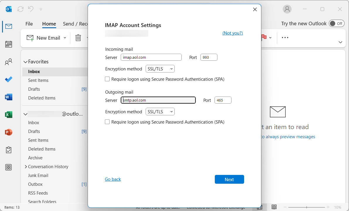 enter imap details to import gmail to outlook