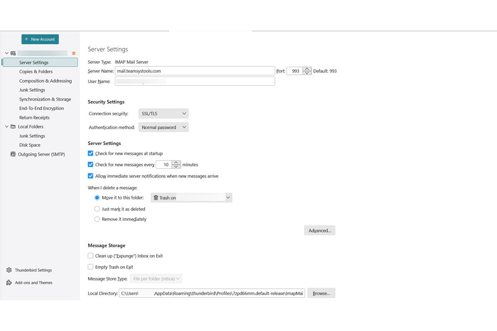 check thunderbird settings