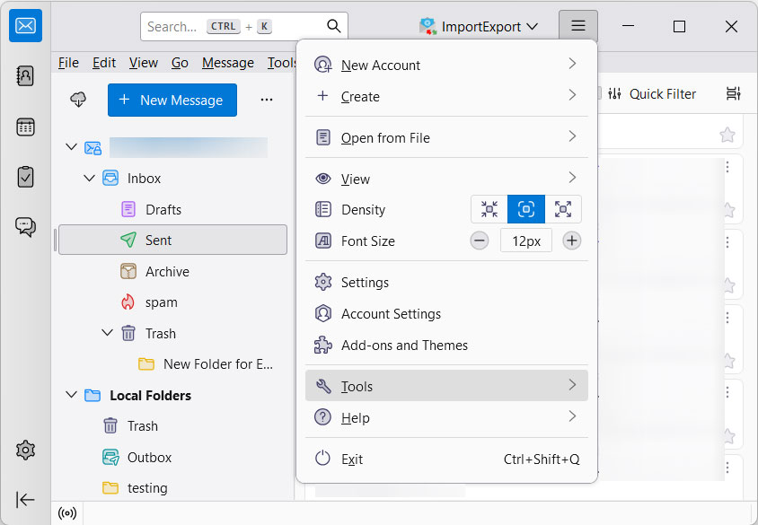 start thunderbird and select tools