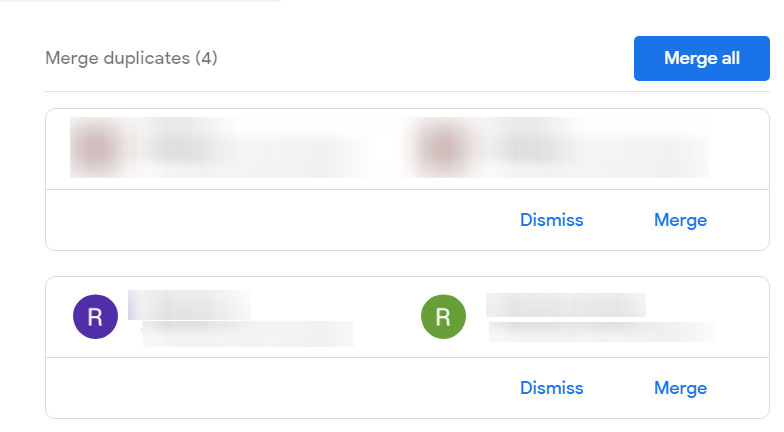 merge or merge all options to remove duplicates in Google Contacts