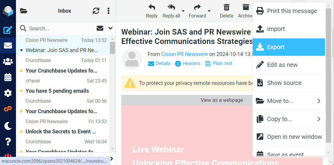 choose export to export emails from roundcube