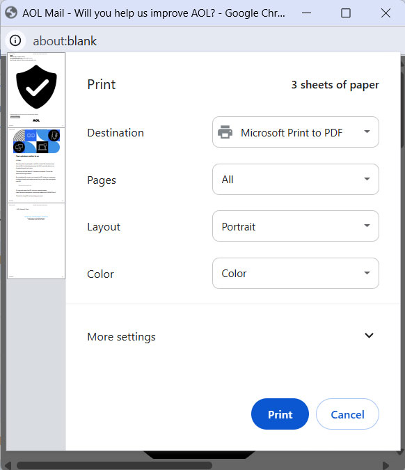 press print to export aol emails to hard drive